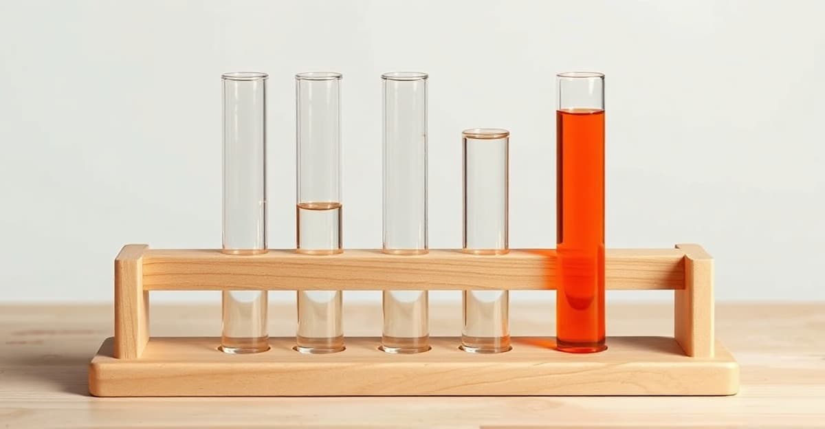 Five glass test tubes in a wooden rack, four clear and one filled with orange liquid, on a bare workbench.