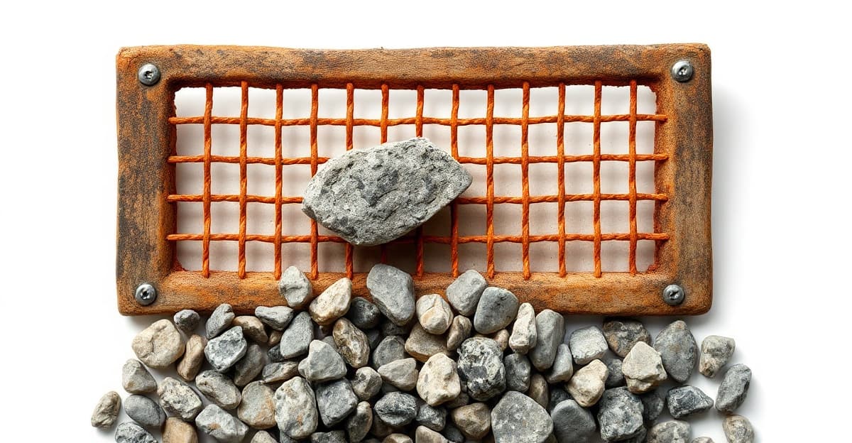 A coarse sieve with one large stone caught in the grid and a much larger heap of small stones fallen through below.