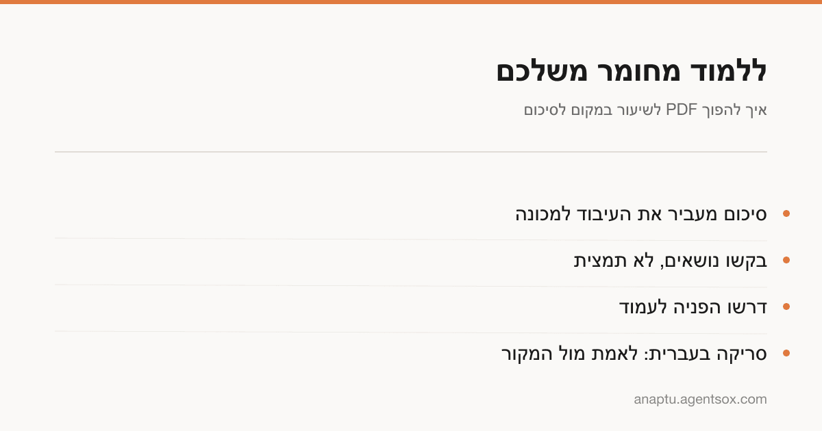 ארבעה כללים ללמידה ממסמך שלכם: לא לסכם, לבקש נושאים, לדרוש הפניה לעמוד, ולאמת סריקות בעברית.
