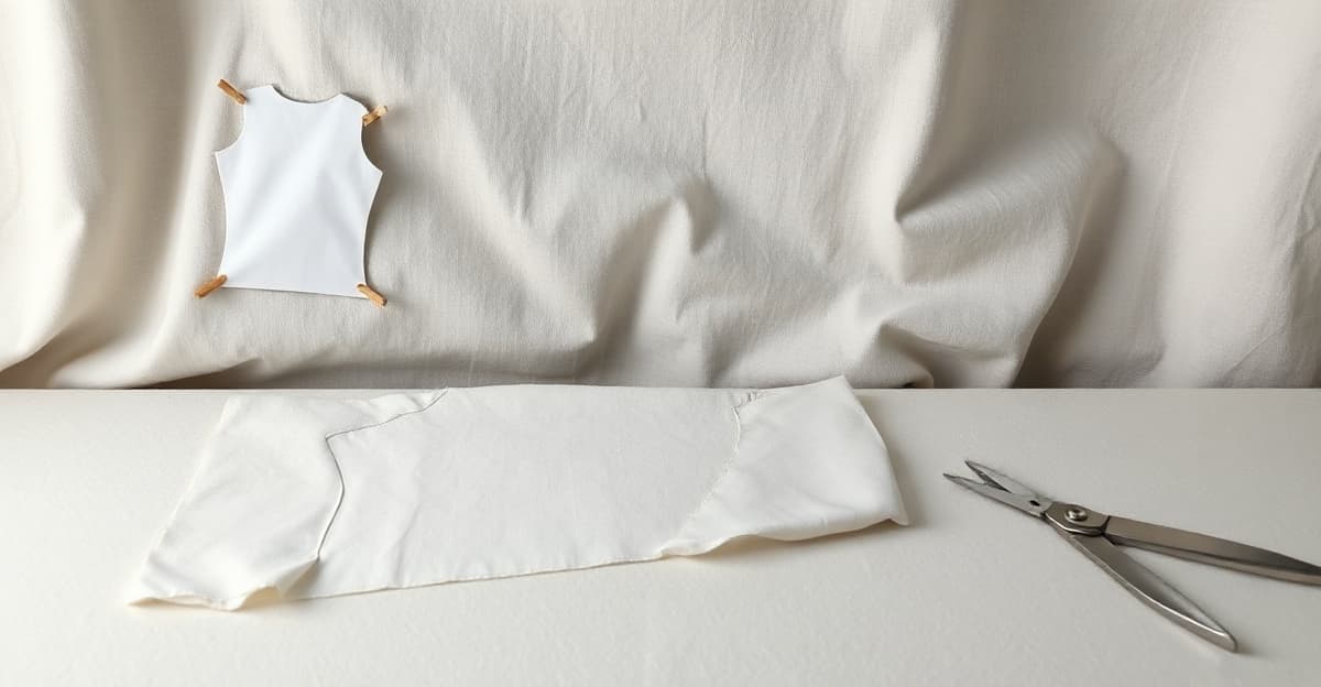 A paper garment pattern pinned to hanging cloth, and on the workbench in front of it a single fabric piece cut precisely to the pattern, beside fabric shears.