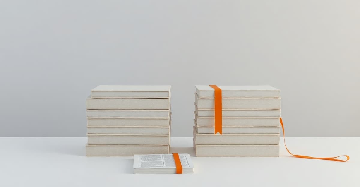 Two nearly equal stacks of clothbound books, an orange ribbon bookmark trailing from one, with a thin pamphlet lying flat in front of them.