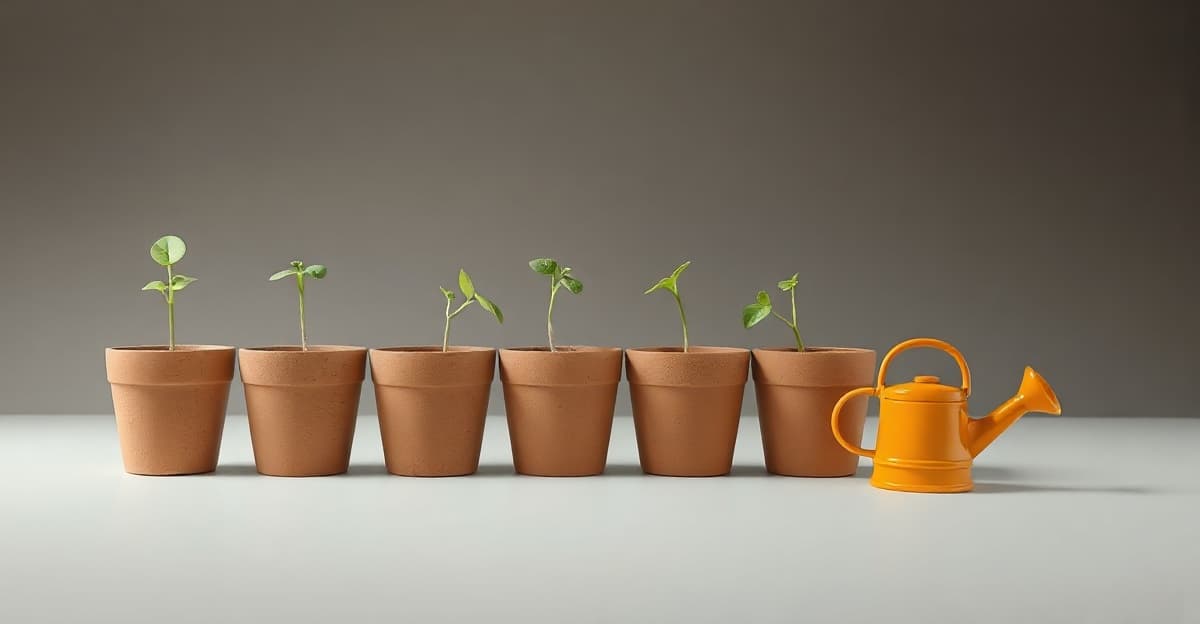 Six seedlings in identical clay pots in a row at even spacing, with a small orange watering can at the end of the row.