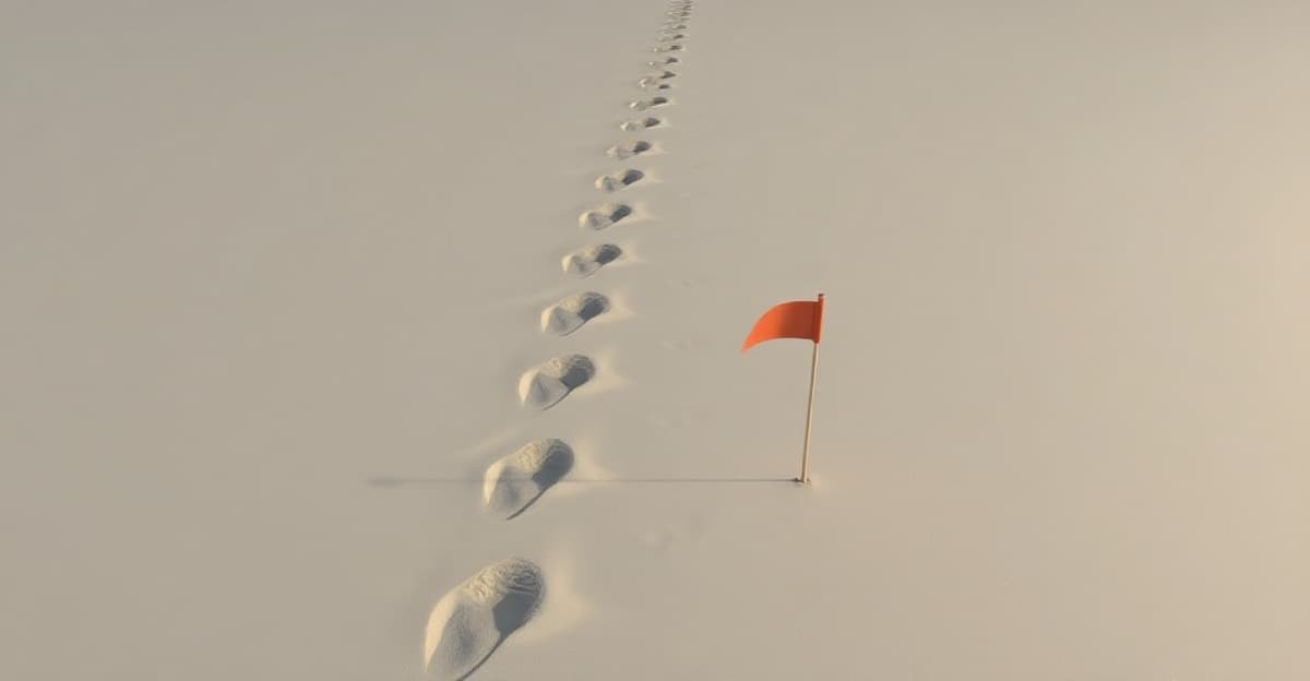 A line of footprints in smooth sand with widening gaps between steps, leading toward a small orange flag planted far ahead.