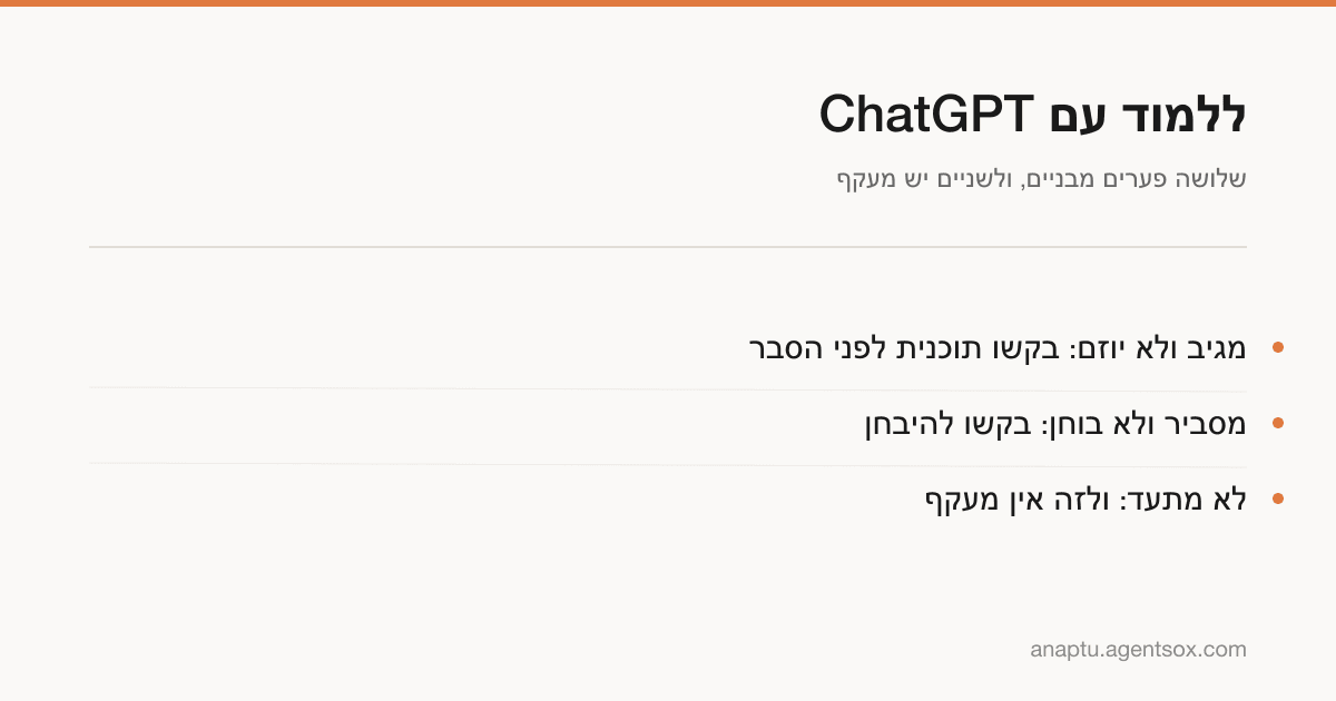 שלושה פערים מבניים בלמידה עם ChatGPT: מגיב ולא יוזם, מסביר ולא בוחן, ואינו מתעד.