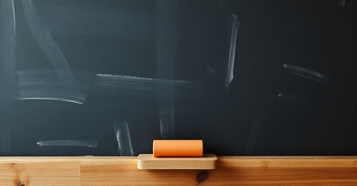 A slate chalkboard freshly wiped, faint ghost streaks of erased chalk still visible, and an orange felt eraser resting on its wooden ledge.