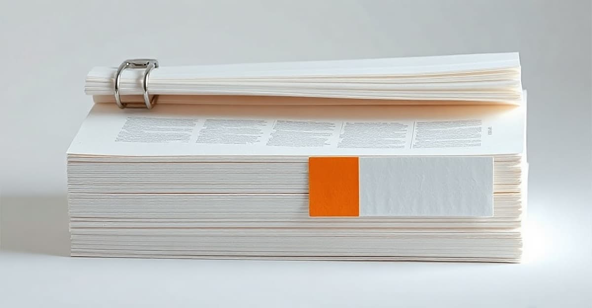 A thick clamped sheaf of paper with page-marker tabs along its edge, one orange tab standing out. A document mapped into topics for study.